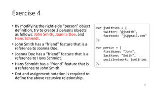 Exercise 4
• By modifying the right-side “person” object
definition, try to create 3 persons objects
as follows: John Smith, Joanna Doe, and
Hans Schmidt.
• John Smith has a “friend” feature that is a
reference to Joanna Doe.
• Joanna Doe has a “friend” feature that is a
reference to Hans Schmidt.
• Hans Schmidt has a “friend” feature that is
a reference to John Smith.
• Dot and assignment notation is required to
define the above recursive relationship.
74
var jsmithsns = {
twitter: "@jsmith",
facebook: "js@gmail.com"
};
var person = {
firstName: "John",
lastName: "Smith",
socialnetwork: jsmithsns
};
 