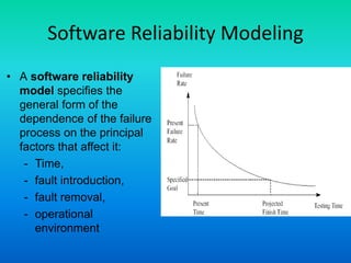 Software Reliability Modeling
• A software reliability
model specifies the
general form of the
dependence of the failure
process on the principal
factors that affect it:
- Time,
- fault introduction,
- fault removal,
- operational
environment
 