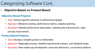 Categorizing Software Cont..
• Objective-Based vs Product-Based
Objective-Based Projects:
 Goal: Achieve specific outcomes or performance targets.
 Approach: Milestone tracking, performance metrics, adaptive planning.
 Examples: Website performance optimization, cybersecurity enhancement, sales
process improvement.
Product-Based Projects:
 Goal: Develop a tangible product or deliverable.
 Approach: Stage-gate process, detailed requirements analysis, user feedback loops.
 Examples: New mobile app development, consumer electronics, e-commerce platform.
 