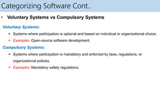 Categorizing Software Cont..
• Voluntary Systems vs Compulsory Systems
Voluntary Systems:
 Systems where participation is optional and based on individual or organizational choice.
 Examples: Open-source software development.
Compulsory Systems:
 Systems where participation is mandatory and enforced by laws, regulations, or
organizational policies.
 Examples: Mandatory safety regulations.
 