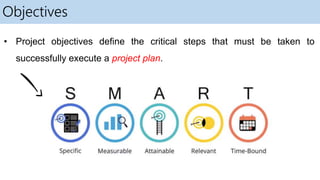 Objectives
• Project objectives define the critical steps that must be taken to
successfully execute a project plan.
 
