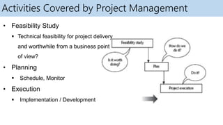 Activities Covered by Project Management
• Feasibility Study
 Technical feasibility for project delivery
and worthwhile from a business point
of view?
• Planning
 Schedule, Monitor
• Execution
 Implementation / Development
 