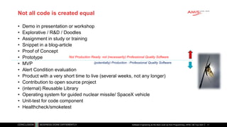 Not all code is created equal
• Demo in presentation or workshop
• Explorative / R&D / Doodles
• Assignment in study or training
• Snippet in a blog-article
• Proof of Concept
• Prototype
• MVP
• Alert Condition evaluation
• Product with a very short time to live (several weeks, not any longer)
• Contribution to open source project
• (internal) Reusable Library
• Operating system for guided nuclear missile/ SpaceX vehicle
• Unit-test for code component
• Healthcheck/smoketest
(potentially) Production : Professional Quality Software
Not Production Ready: not (necessarily) Professional Quality Software
Software Engineering as the Next Level Up from Programming | APAC GB Tour 2021 11
 