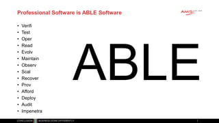 Professional Software is ABLE Software
• Verifi
• Test
• Oper
• Read
• Evolv
• Maintain
• Observ
• Scal
• Recover
• Prov
• Afford
• Deploy
• Audit
• Impenetra
ABLE
 