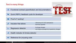 Test is many things
Software Engineering as the Next Level Up from Programming | APAC GB Tour 2021
Functional contract (specification and documentation)
Quick (REPL) feedback cycle for developer
Proof of “working”
Insulator that allows
refactoring and code optimizations
technical upgrades
Regression detector
for things changed
and things unchanged but impacted by changes
Health indicator & Smoke detector
Reference for (re)using code
29
 