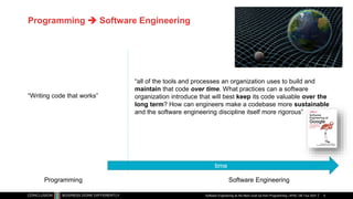 Programming  Software Engineering
Software Engineering as the Next Level Up from Programming | APAC GB Tour 2021
Programming Software Engineering
“Writing code that works”
time
“all of the tools and processes an organization uses to build and
maintain that code over time. What practices can a software
organization introduce that will best keep its code valuable over the
long term? How can engineers make a codebase more sustainable
and the software engineering discipline itself more rigorous”
4
 