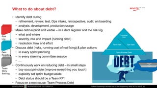 What to do about debt?
• Identify debt during
• refinement, review, test, Ops intake, retrospective, audit, on boarding
• analysis, development, production usage
• Make debt explicit and visible – in a debt register and the risk log
• what and where
• severity, risk and impact (running cost!)
• resolution: how and effort
• Discuss debt (risks, running cost of not fixing) & plan actions
• in every sprint planning
• in every steering committee session
• …
• Continuously work on reducing debt – in small steps
• boy scout principle (improve everything you touch)
• explicitly set sprint budget aside
• Debt status should be a Team KPI
• Focus on a root cause: Team Process Debt
Software Engineering as the Next Level Up from Programming | APAC GB Tour 2021
Functional
Debt
Team Process Debt
Ops Debt
Tech Debt
Organization
Debt
Community
Debt
Debt
Register
Risk
Log
Team
Story
Backlog
42
 