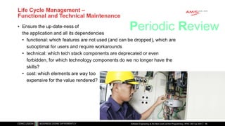Life Cycle Management –
Functional and Technical Maintenance
• Ensure the up-date-ness of
the application and all its dependencies
• functional: which features are not used (and can be dropped), which are
suboptimal for users and require workarounds
• technical: which tech stack components are deprecated or even
forbidden, for which technology components do we no longer have the
skills?
• cost: which elements are way too
expensive for the value rendered?
Software Engineering as the Next Level Up from Programming | APAC GB Tour 2021
Periodic Review
66
 