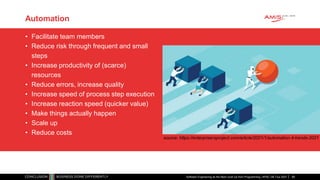 Automation
• Facilitate team members
• Reduce risk through frequent and small
steps
• Increase productivity of (scarce)
resources
• Reduce errors, increase quality
• Increase speed of process step execution
• Increase reaction speed (quicker value)
• Make things actually happen
• Scale up
• Reduce costs
Software Engineering as the Next Level Up from Programming | APAC GB Tour 2021
source: https://enterprisersproject.com/article/2021/1/automation-4-trends-2021
68
 