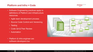 Platform and Infra = Code
• Software Engineering practices apply to
definitions of Platform and Infrastructure
resources
• Agile team development process
• Source Code Control and Versioning
• Testing
• Code QA & Peer Review
• Automation
• Platform & Infra engineer are
software developers too
Software Engineering as the Next Level Up from Programming | APAC GB Tour 2021 69
 