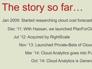 Jan 2009: Started researching cloud cost forecasting in St Andrews
Dec ‘11: With Hassan, we launched PlanForCloud
Jul ‘12: Acquired by RightScale
Nov ‘13: Launched Private-Beta of Cloud Analytics
Mar ‘14: Cloud Analytics goes into Public-Beta
Oct ‘14: Cloud Analytics is Generally Available
The story so far…
 