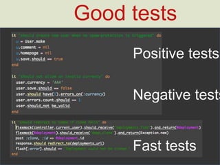 Good tests
Positive tests
Negative tests
Fast tests
 