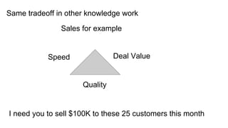 Speed Deal Value
Quality
Sales for example
Same tradeoff in other knowledge work
I need you to sell $100K to these 25 customers this month
 