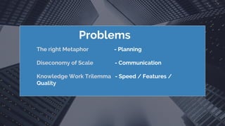 Problems
The right Metaphor - Planning
Diseconomy of Scale - Communication
Knowledge Work Trilemma - Speed / Features /
Quality
 