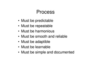 Process
•   Must be predictable
•   Must be repeatable
•   Must be harmonious
•   Must be smooth and reliable
•   Must be adaptible
•   Must be learnable
•   Must be simple and documented
 