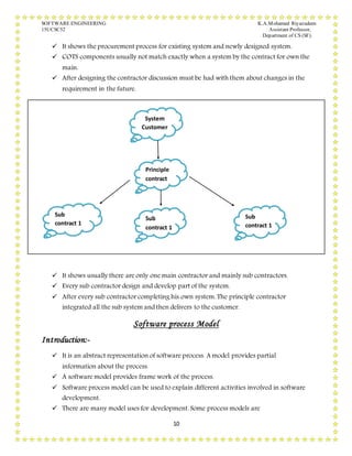 SOFTWARE ENGINEERING K.A.Mohamed Riyazudeen
15UCSC52 Assistant Professor,
Department of CS (SF).
10
 It shows the procurement process for existing system and newly designed system.
 COTS components usually not match exactly when a system by the contract for own the
main.
 After designing the contractor discussion must be had with them about changes in the
requirement in the future.
 It shows usually there are only one main contractor and mainly sub contractors.
 Every sub contractor design and develop part of the system.
 After every sub contractor completing his own system. The principle contractor
integrated all the sub system and then delivers to the customer.
Software process Model
Introduction:-
 It is an abstract representation of software process. A model provides partial
information about the process.
 A software model provides frame work of the process.
 Software process model can be used to explain different activities involved in software
development.
 There are many model uses for development. Some process models are
System
Customer
Principle
contract
Sub
contract 1
Sub
contract 1
Sub
contract 1
 