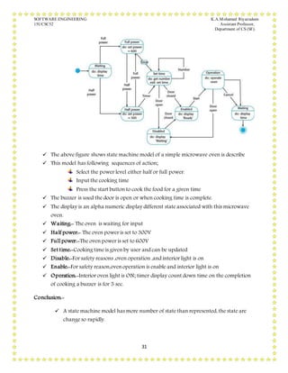 SOFTWARE ENGINEERING K.A.Mohamed Riyazudeen
15UCSC52 Assistant Professor,
Department of CS (SF).
31
 The above figure shows state machine model of a simple microwave oven is describe
 This model has following sequences of action;
Select the power level either half or full power.
Input the cooking time
Press the start button to cook the food for a given time
 The buzzer is used the door is open or when cooking time is complete.
 The display is an alpha numeric display different state associated with this microwave
oven.
 Waiting:- The oven is waiting for input
 Half power:- The oven power is set to 300V
 Full power:-The oven power is set to 600V
 Set time:-Cooking time is given by user and can be updated
 Disable:-For safety reasons ,oven operation ,and interior light is on
 Enable:-For safety reason,ovenoperation is enable and interior light is on
 Operation:-Interior oven light is ON; timer display count down time on the completion
of cooking a buzzer is for 5 sec.
Conclusion:-
 A state machine model has more number of state than represented, the state are
change so rapidly.
 