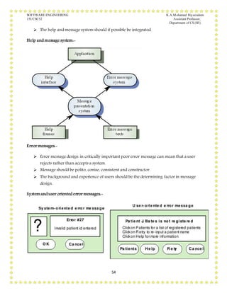 SOFTWARE ENGINEERING K.A.Mohamed Riyazudeen
15UCSC52 Assistant Professor,
Department of CS (SF).
54
 The help and message system should if possible be integrated.
Help and message system:-
Error messages:-
 Error message design in critically important poor error message can mean that a user
rejects rather than accepts a system.
 Message should be polito, conise, consistent and constructor.
 The background and experience of users should be the determining factor in message
design.
Systemand user oriented error messages:-
 