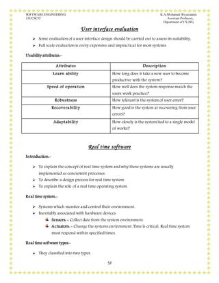 SOFTWARE ENGINEERING K.A.Mohamed Riyazudeen
15UCSC52 Assistant Professor,
Department of CS (SF).
57
User interface evaluation
 Some evaluation of a user interface design should be carried out to assess its suitability.
 Full scale evaluation is every expensive and impractical for most systems.
Usability attributes:-
Attributes Description
Learn ability How long does it take a new user to become
productive with the system?
Speed of operation How well does the system response match the
users work practice?
Robustness How tolerant is the system of user error?
Recoverability How good is the system at recovering from user
errors?
Adaptability How closely is the system tied to a single model
of works?
Real time software
Introduction:-
 To explain the concept of real time system and why these systems are usually
implemented as concurrent processes.
 To describe a design process for real time system.
 To explain the role of a real time operating system.
Real time system:-
 Systems which monitor and control their environment.
 Inevitably associated with hardware devices.
Sensors: - Collect date from the system environment.
Actuators: - Change the systemsenvironment. Time is critical. Real time system
must respond within specified times.
Real time software types:-
 They classified into two types.
 