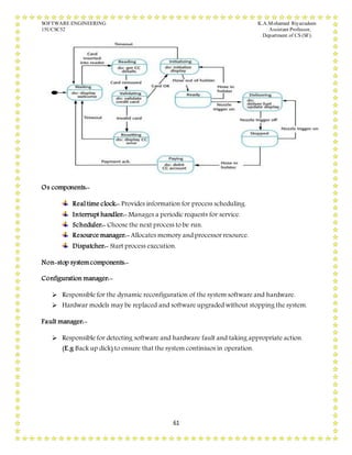SOFTWARE ENGINEERING K.A.Mohamed Riyazudeen
15UCSC52 Assistant Professor,
Department of CS (SF).
61
Os components:-
Real time clock:- Provides information for process scheduling.
Interrupt handler:- Manages a periodic requests for service.
Scheduler:- Choose the next process to be run.
Resource manager:- Allocates memory and processor resource.
Dispatcher:- Start process execution.
Non-stop systemcomponents:-
Configuration manager:-
 Responsible for the dynamic reconfiguration of the system software and hardware.
 Hardwar models may be replaced and software upgraded without stopping the system.
Fault manager:-
 Responsible for detecting software and hardware fault and taking appropriate action.
(E.g Back up dick) to ensure that the system continiuos in operation.
 