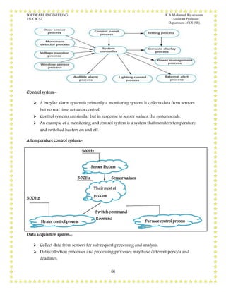 SOFTWARE ENGINEERING K.A.Mohamed Riyazudeen
15UCSC52 Assistant Professor,
Department of CS (SF).
66
Control system:-
 A burglar alarm system is primarily a monitoring system. It collects data from sensors
but no real time actuator control.
 Control systems are similar but in response to sensor values, the system sends.
 An example of a monitoring and control system is a system that monitors temperature
and switched heaters on and off.
A temperature control system:-
500Hz
500Hz Sensor values
500Hz
Switchcommand
Room no
Data acquisition system:-
 Collect date from sensors for sub request processing and analysis.
 Data collection processes and processing processes may have different periods and
deadlines.
Sensor Process
Heater control process Furnace control process
Theirmost at
process
 