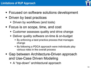 130
Limitations of RUP Approach
 Focused on software solutions development
 Driven by best practices
 Driven by workflows (and tools)
 Focus is on scope, time, and cost
 Customer assesses quality and drive change
 Deliver quality software on-time & on-budget
 By enforcing a best practice process that manages
change
 By following a PDCA approach were individuals play
various roles in the overall process
 Gap between Architecture-Driven approach
and Use-Case Driven Modeling
 A “top-down” architectural approach
 