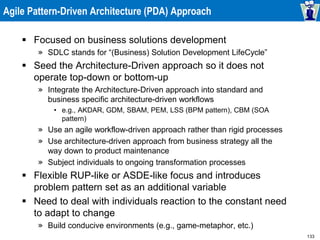133
Agile Pattern-Driven Architecture (PDA) Approach
 Focused on business solutions development
» SDLC stands for “(Business) Solution Development LifeCycle”
 Seed the Architecture-Driven approach so it does not
operate top-down or bottom-up
» Integrate the Architecture-Driven approach into standard and
business specific architecture-driven workflows
• e.g., AKDAR, GDM, SBAM, PEM, LSS (BPM pattern), CBM (SOA
pattern)
» Use an agile workflow-driven approach rather than rigid processes
» Use architecture-driven approach from business strategy all the
way down to product maintenance
» Subject individuals to ongoing transformation processes
 Flexible RUP-like or ASDE-like focus and introduces
problem pattern set as an additional variable
 Need to deal with individuals reaction to the constant need
to adapt to change
» Build conducive environments (e.g., game-metaphor, etc.)
 