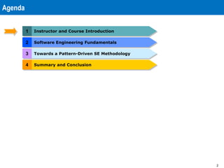 2
2 Software Engineering Fundamentals
Agenda
1 Instructor and Course Introduction
4 Summary and Conclusion
3 Towards a Pattern-Driven SE Methodology
 