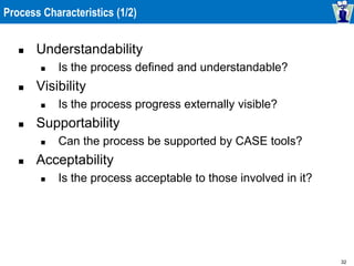 32
Process Characteristics (1/2)
 Understandability
 Is the process defined and understandable?
 Visibility
 Is the process progress externally visible?
 Supportability
 Can the process be supported by CASE tools?
 Acceptability
 Is the process acceptable to those involved in it?
 