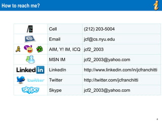 4
How to reach me?
Cell (212) 203-5004
Email jcf@cs.nyu.edu
AIM, Y! IM, ICQ jcf2_2003
MSN IM jcf2_2003@yahoo.com
LinkedIn http://www.linkedin.com/in/jcfranchitti
Twitter http://twitter.com/jcfranchitti
Skype jcf2_2003@yahoo.com
Come on…what else
did you expect?
Woo hoo…find the word
of the day…
 