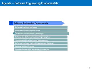 43
Software Engineering Discipline
Software Development Challenges
The Human Side of Software Development
Refining the Software Engineering Discipline
Agenda – Software Engineering Fundamentals
Software Engineering Scope
2 Software Engineering Fundamentals
Software Engineering Best Practices ala Rational
Rational Unified Process
Introduction to Agile Software Engineering
 