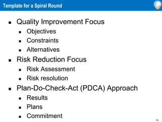 53
Template for a Spiral Round
 Quality Improvement Focus
 Objectives
 Constraints
 Alternatives
 Risk Reduction Focus
 Risk Assessment
 Risk resolution
 Plan-Do-Check-Act (PDCA) Approach
 Results
 Plans
 Commitment
 