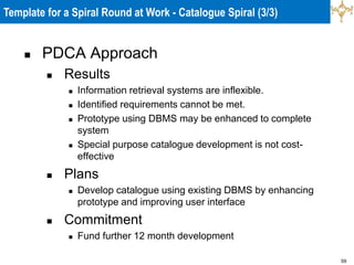 59
 PDCA Approach
 Results
 Information retrieval systems are inflexible.
 Identified requirements cannot be met.
 Prototype using DBMS may be enhanced to complete
system
 Special purpose catalogue development is not cost-
effective
 Plans
 Develop catalogue using existing DBMS by enhancing
prototype and improving user interface
 Commitment
 Fund further 12 month development
Template for a Spiral Round at Work - Catalogue Spiral (3/3)
 