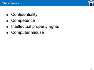 69
Ethical Issues
 Confidentiality
 Competence
 Intellectual property rights
 Computer misuse
 
