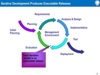 75
Iterative Development Produces Executable Releases
Initial
Planning
Planning
Requirements
Analysis & Design
Implementation
Deployment
Test
Evaluation
Management
Environment
Each iteration
results in an
executable release
 