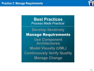 77
Practice 2: Manage Requirements
Best Practices
Process Made Practical
Develop Iteratively
Manage Requirements
Use Component
Architectures
Model Visually (UML)
Continuously Verify Quality
Manage Change
 