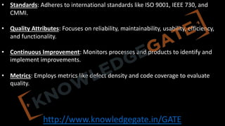 http://www.knowledgegate.in/GATE
• Standards: Adheres to international standards like ISO 9001, IEEE 730, and
CMMI.
• Quality Attributes: Focuses on reliability, maintainability, usability, efficiency,
and functionality.
• Continuous Improvement: Monitors processes and products to identify and
implement improvements.
• Metrics: Employs metrics like defect density and code coverage to evaluate
quality.
 