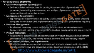 http://www.knowledgegate.in/GATE
• Key Components of ISO 9000
• Quality Management System (QMS):
• Defines policies and objectives for quality, Documentation of procedures and
processes, Monitoring, measurement, and analysis of processes, Improvement
opportunities and corrective actions.
• Management Responsibility:
• Top management commitment to quality Establishment of a quality policy Ensuring
adequate resources for QMS implementation Reviewing QMS performance regularly
• Resource Management:
• Provision of necessary resources (human, infrastructure, work environment)
Competence and training of personnel Infrastructure maintenance and improvement
• Product Realization:
• Requirements determination and communication Product design and development
Verification, validation, and testing Release, delivery, and post-delivery support
• Measurement, Analysis, and Improvement:
• Monitoring and measurement of processes and products Internal audits to ensure
compliance Corrective and preventive actions Continual improvement of the QMS
 