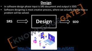 http://www.knowledgegate.in/GATE
Design
• In software design phase input is SRS document and output is SDD.
• Software designing is most creative process, where we actually decide how a
problem will be solved.
Design
SRS SDD
 