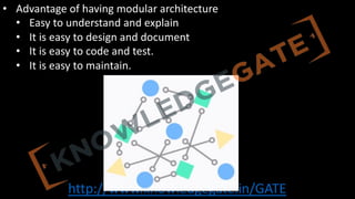 http://www.knowledgegate.in/GATE
• Advantage of having modular architecture
• Easy to understand and explain
• It is easy to design and document
• It is easy to code and test.
• It is easy to maintain.
 