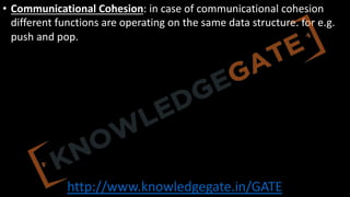 http://www.knowledgegate.in/GATE
• Communicational Cohesion: in case of communicational cohesion
different functions are operating on the same data structure. for e.g.
push and pop.
 