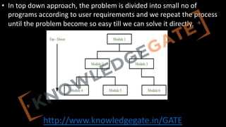 http://www.knowledgegate.in/GATE
• In top down approach, the problem is divided into small no of
programs according to user requirements and we repeat the process
until the problem become so easy till we can solve it directly.
 