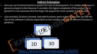 http://www.knowledgegate.in/GATE
Indirect Estimation
• Here we use functional points to predict the cost of development, it is a better technique in
general compare to kloc because it considers the logical complexity of the product, as in
general it is not necessary that the larger the project the more complex it will be code.
• (size oriented, function oriented, extended functions point matrices) here we say that the
size of the software is directly dependent on the number and type of different functions it
performs.
FP
2D 3D
 