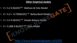 http://www.knowledgegate.in/GATE
Other Empirical models
• E = 5.2 X (KLOC)0.91 Waltson & Felix Model
• E = 5.2 + 0.73X(KLOC)1.16 Bailey-Basili Model
• E = 3.2 X (KLOC)1.05 Simple Bohem Model
• E = 5.288 X (KLOC)1.047 Doty Model
 