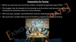 http://www.knowledgegate.in/GATE
Preparation for Testing
• Before we start test, we must have written, complete & approved copy of SRS.
• The budget, time & schedule for the testing must be written and document with proper
timeliness & milestones which are to be achieved.
• We must have a proper assembled team with we understood responsibilities.
• We must have a written document of limitation property and scope of testing.
 