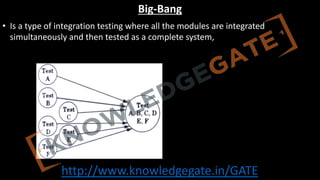 http://www.knowledgegate.in/GATE
Big-Bang
• Is a type of integration testing where all the modules are integrated
simultaneously and then tested as a complete system, it is a non incremental
integration approach.
 