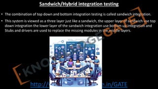 http://www.knowledgegate.in/GATE
Sandwich/Hybrid integration testing
• The combination of top down and bottom integration testing is called sandwich integration.
• This system is viewed as a three layer just like a sandwich, the upper layer of sandwich use top
down integration the lower layer of the sandwich integration use bottom up integration and
Stubs and drivers are used to replace the missing modules in the middle layers.
 
