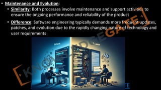 http://www.knowledgegate.in/GATE
• Maintenance and Evolution:
• Similarity: Both processes involve maintenance and support activities to
ensure the ongoing performance and reliability of the product
• Difference: Software engineering typically demands more frequent updates,
patches, and evolution due to the rapidly changing nature of technology and
user requirements
 