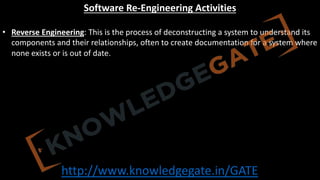 http://www.knowledgegate.in/GATE
Software Re-Engineering Activities
• Reverse Engineering: This is the process of deconstructing a system to understand its
components and their relationships, often to create documentation for a system where
none exists or is out of date.
 