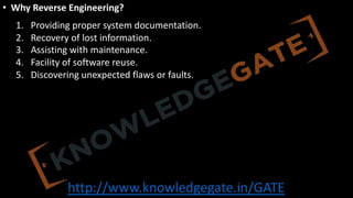 http://www.knowledgegate.in/GATE
• Why Reverse Engineering?
1. Providing proper system documentation.
2. Recovery of lost information.
3. Assisting with maintenance.
4. Facility of software reuse.
5. Discovering unexpected flaws or faults.
 